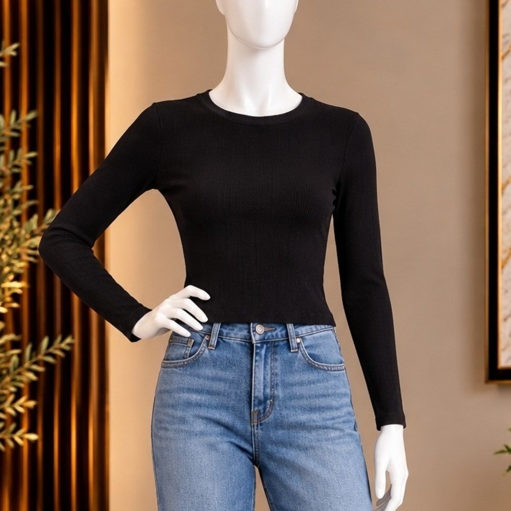 Express Womens Top Long Sleeve Ribbed Fitted Crew Neck Black Small